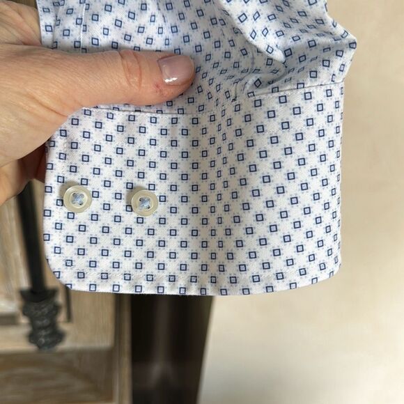 David Donahue White & Blue Geometric Print Dress Shirt Trim Fit 16 32/33 - Picture 4 of 9